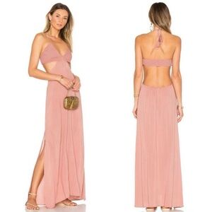 INDAH Blaze Cut-Away Side Slit Halter Tassel Maxi Dress